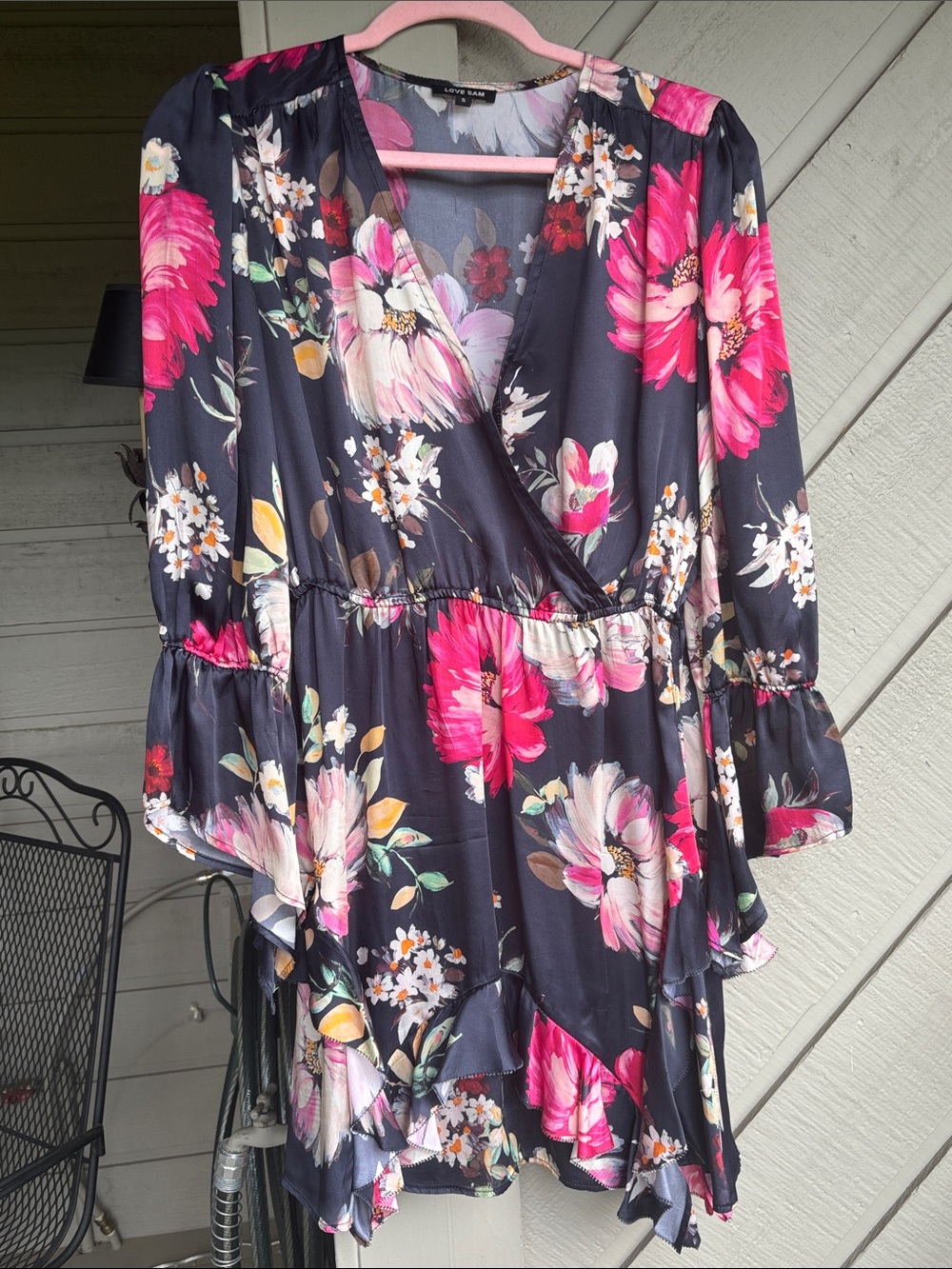 Love Sam Black Floral Dress with Bright Colors and Ruffle Hem